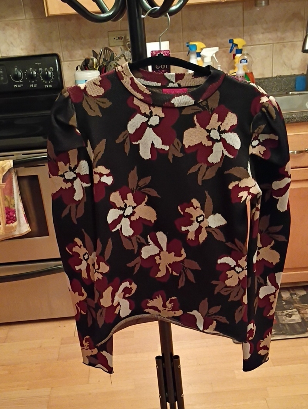 Flying Tomato Black Floral Mock Neck Sweater with Burgundy and Cream Blooms